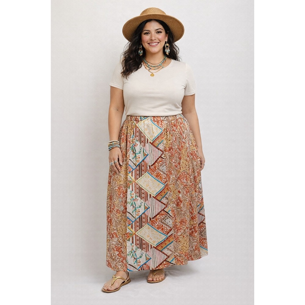 Cato Boho‎ Patchwork Elastic Waist Cottagecore Paisley Maxi Skirt - 22/24W